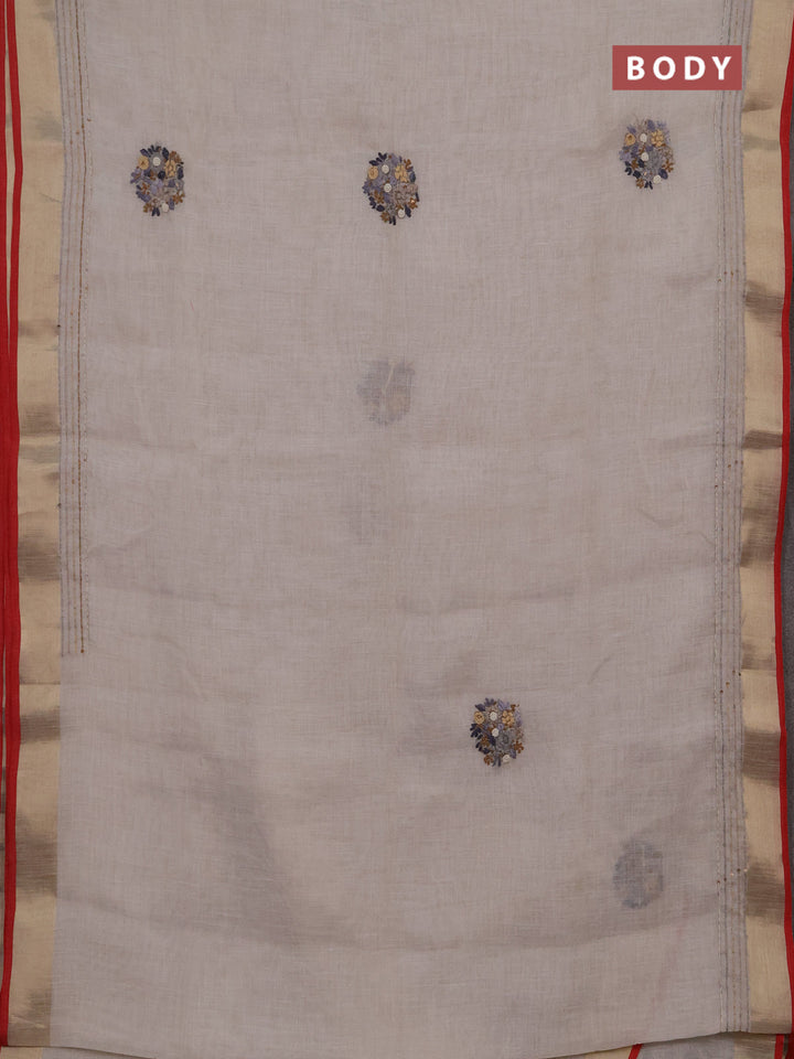 Linen cotton saree off white and sandal with embroidery buttas and embroidery kantha stitch work pallu