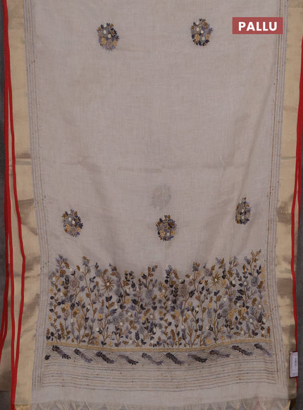 Linen cotton saree off white and sandal with embroidery buttas and embroidery kantha stitch work pallu
