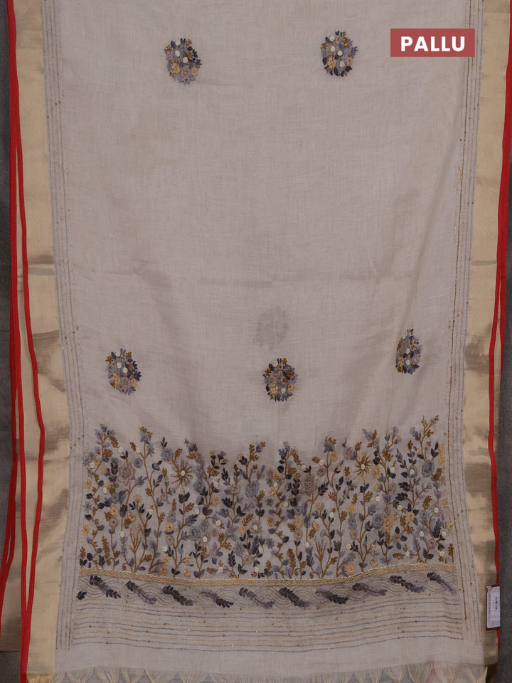 Linen cotton saree off white and sandal with embroidery buttas and embroidery kantha stitch work pallu