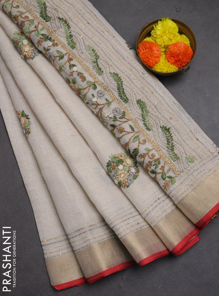 Linen cotton saree off white and grey with embroidery buttas and embroidery kantha stitch work pallu