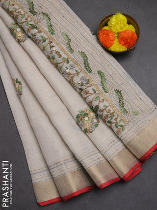 Linen cotton saree off white and grey with embroidery buttas and embroidery kantha stitch work pallu