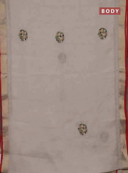 Linen cotton saree off white and grey with embroidery buttas and embroidery kantha stitch work pallu