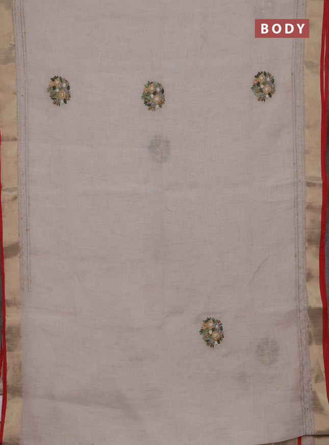 Linen cotton saree off white and grey with embroidery buttas and embroidery kantha stitch work pallu