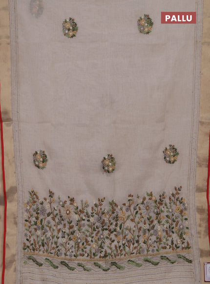 Linen cotton saree off white and grey with embroidery buttas and embroidery kantha stitch work pallu