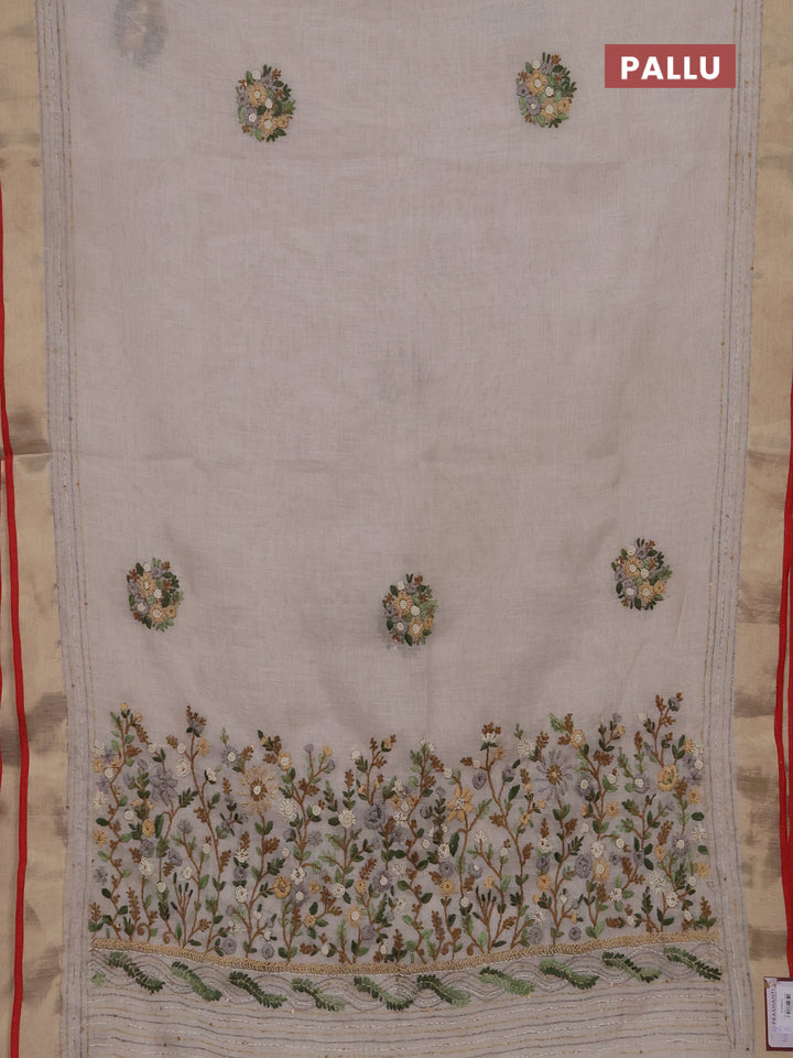 Linen cotton saree off white and grey with embroidery buttas and embroidery kantha stitch work pallu