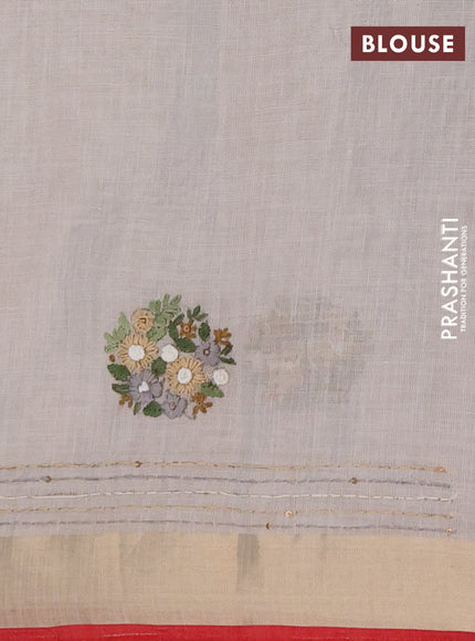 Linen cotton saree off white and grey with embroidery buttas and embroidery kantha stitch work pallu