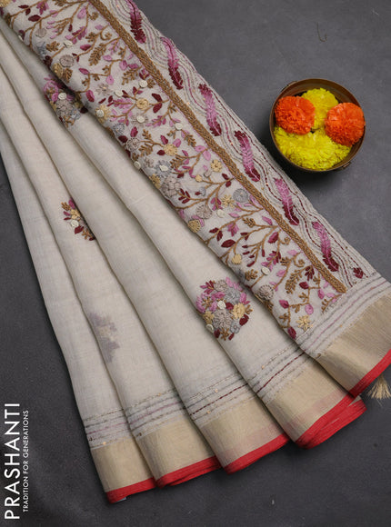 Linen cotton saree off white and light pink with embroidery buttas and embroidery kantha stitch work pallu