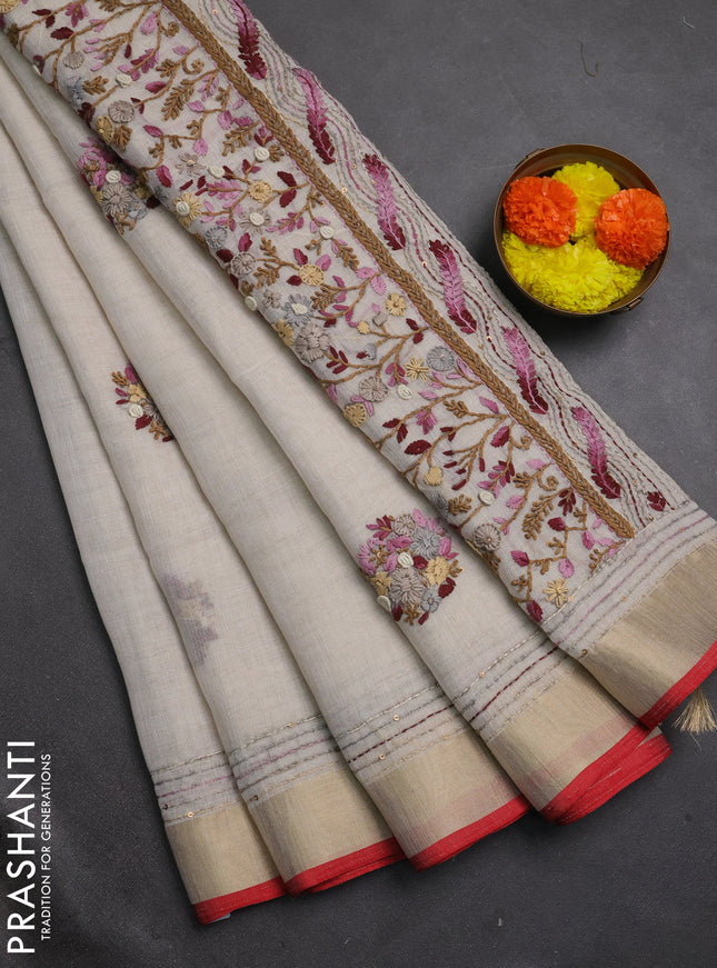 Linen cotton saree off white and light pink with embroidery buttas and embroidery kantha stitch work pallu