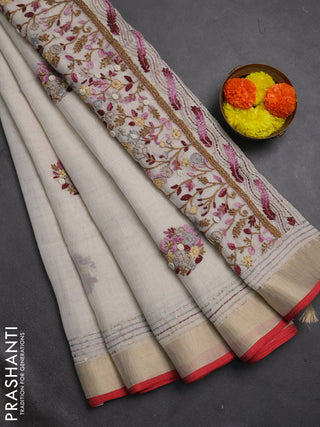 Linen cotton saree off white and light pink with embroidery buttas and embroidery kantha stitch work pallu