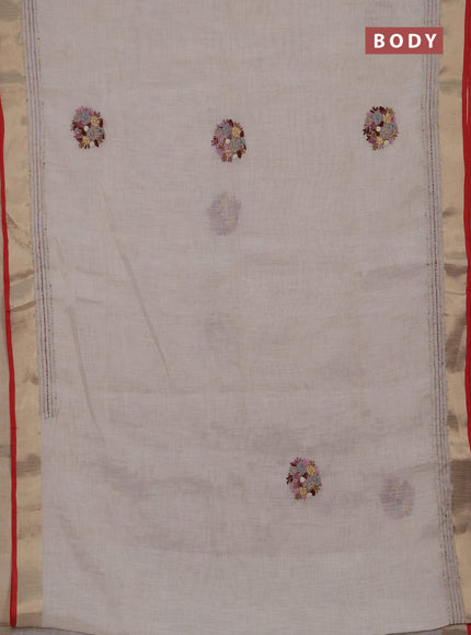 Linen cotton saree off white and light pink with embroidery buttas and embroidery kantha stitch work pallu