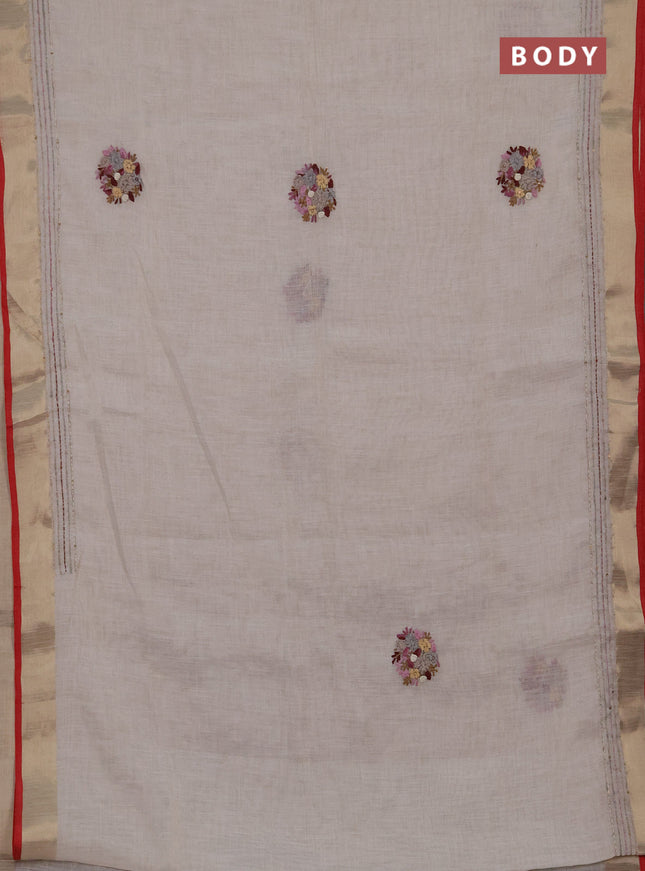 Linen cotton saree off white and light pink with embroidery buttas and embroidery kantha stitch work pallu