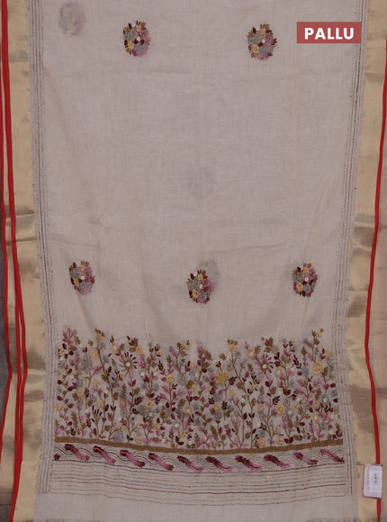 Linen cotton saree off white and light pink with embroidery buttas and embroidery kantha stitch work pallu