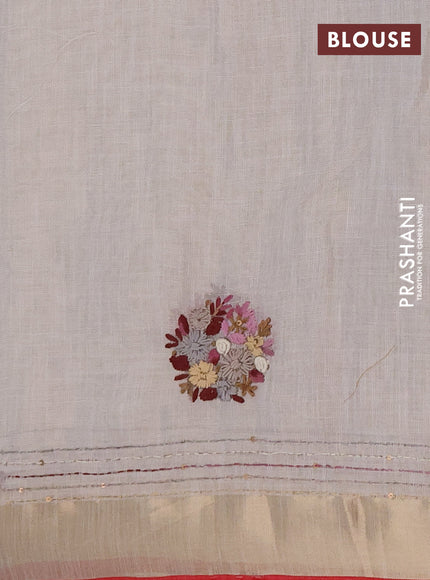 Linen cotton saree off white and light pink with embroidery buttas and embroidery kantha stitch work pallu