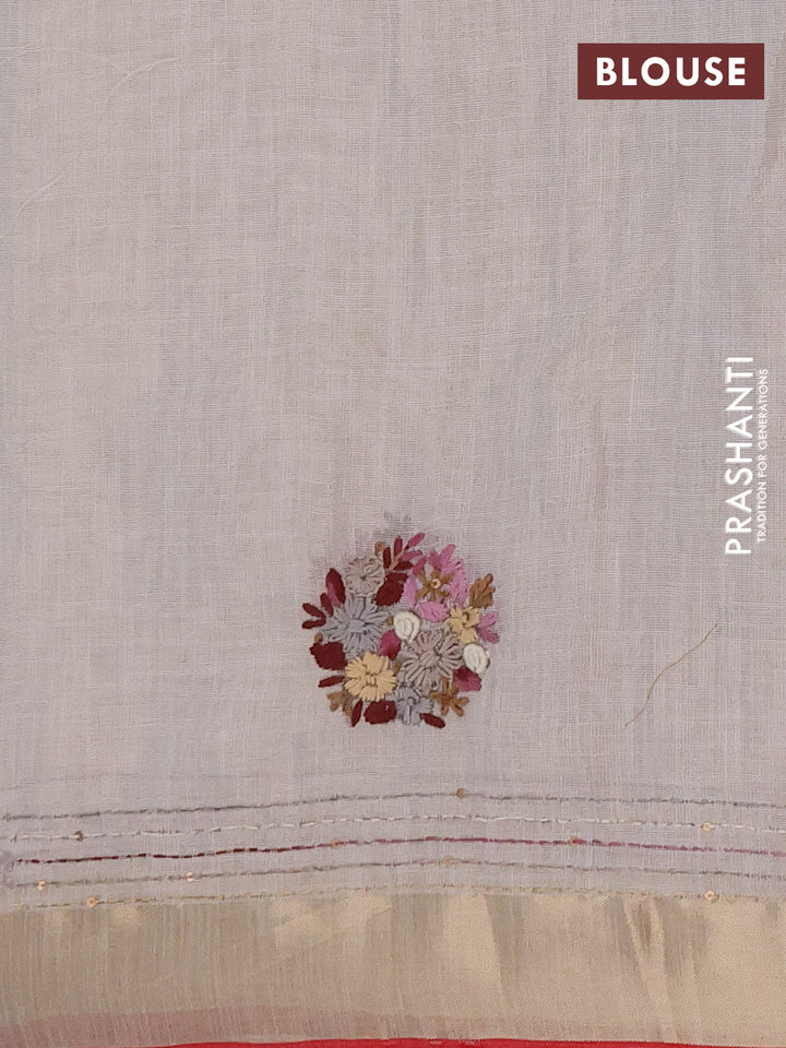 Linen cotton saree off white and light pink with embroidery buttas and embroidery kantha stitch work pallu