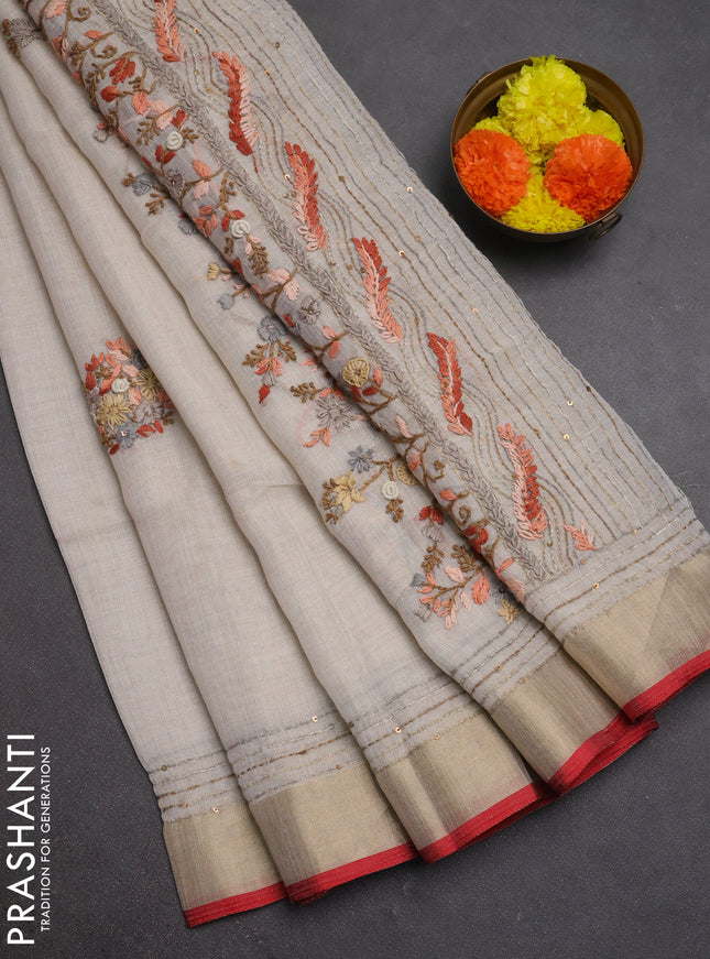 Linen cotton saree off white and peach shade with embroidery buttas and embroidery kantha stitch work pallu