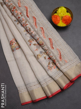 Linen cotton saree off white and peach shade with embroidery buttas and embroidery kantha stitch work pallu