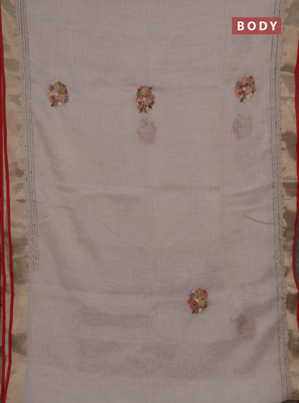 Linen cotton saree off white and peach shade with embroidery buttas and embroidery kantha stitch work pallu