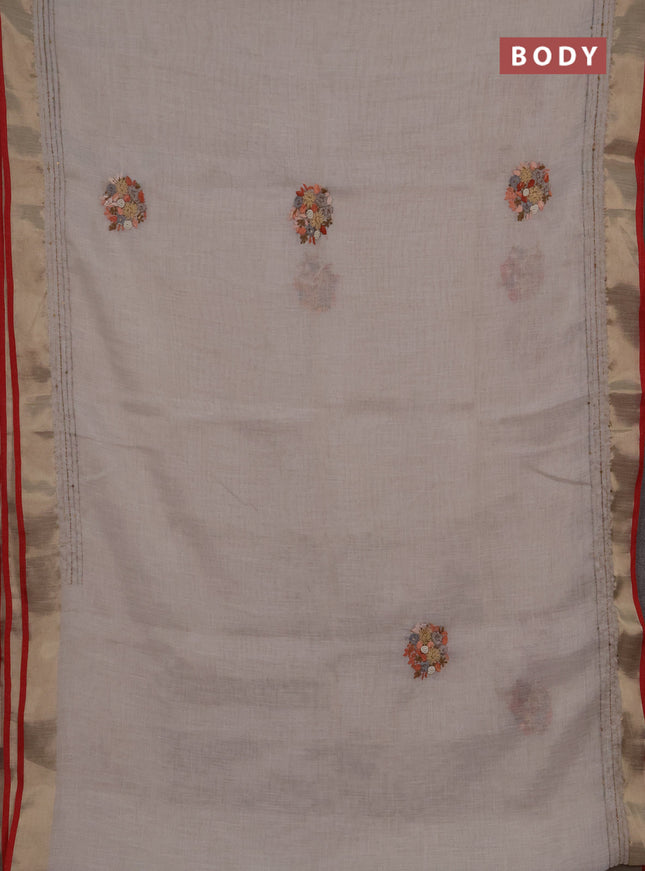 Linen cotton saree off white and peach shade with embroidery buttas and embroidery kantha stitch work pallu