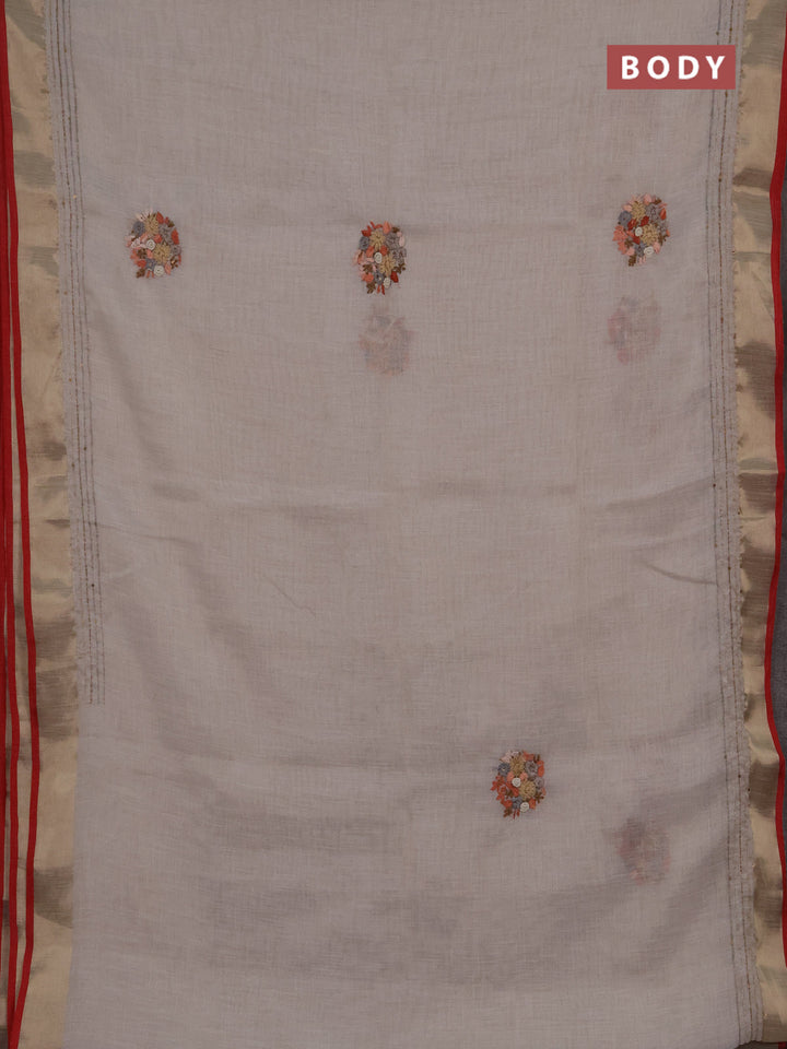 Linen cotton saree off white and peach shade with embroidery buttas and embroidery kantha stitch work pallu