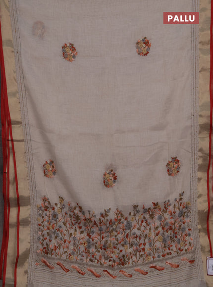 Linen cotton saree off white and peach shade with embroidery buttas and embroidery kantha stitch work pallu