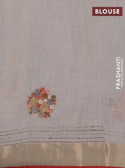 Linen cotton saree off white and peach shade with embroidery buttas and embroidery kantha stitch work pallu
