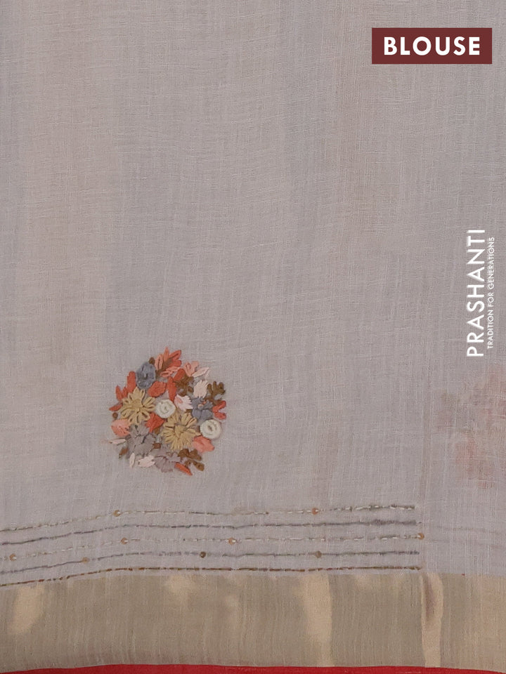 Linen cotton saree off white and peach shade with embroidery buttas and embroidery kantha stitch work pallu