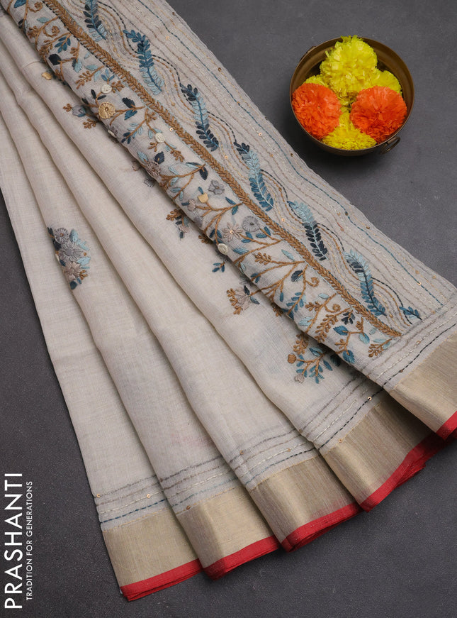 Linen cotton saree off white and peacock green with embroidery buttas and embroidery kantha stitch work pallu