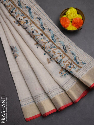 Linen cotton saree off white and peacock green with embroidery buttas and embroidery kantha stitch work pallu