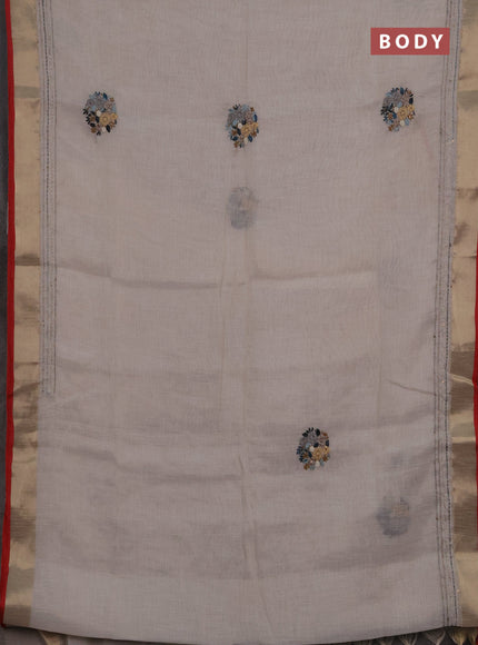 Linen cotton saree off white and peacock green with embroidery buttas and embroidery kantha stitch work pallu