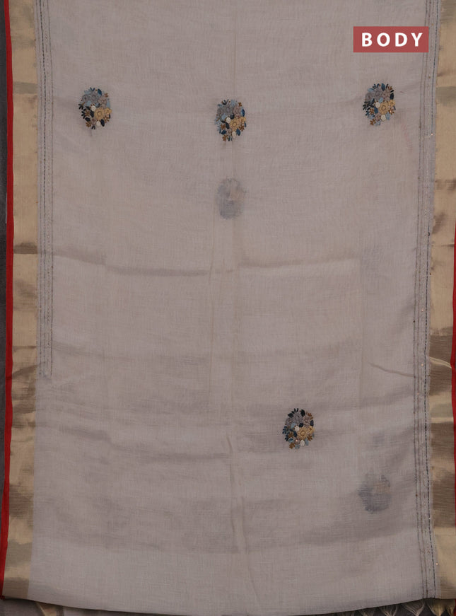 Linen cotton saree off white and peacock green with embroidery buttas and embroidery kantha stitch work pallu