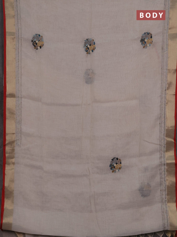 Linen cotton saree off white and peacock green with embroidery buttas and embroidery kantha stitch work pallu