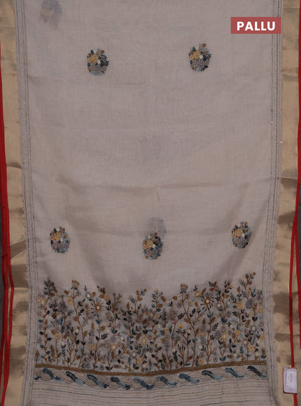 Linen cotton saree off white and peacock green with embroidery buttas and embroidery kantha stitch work pallu