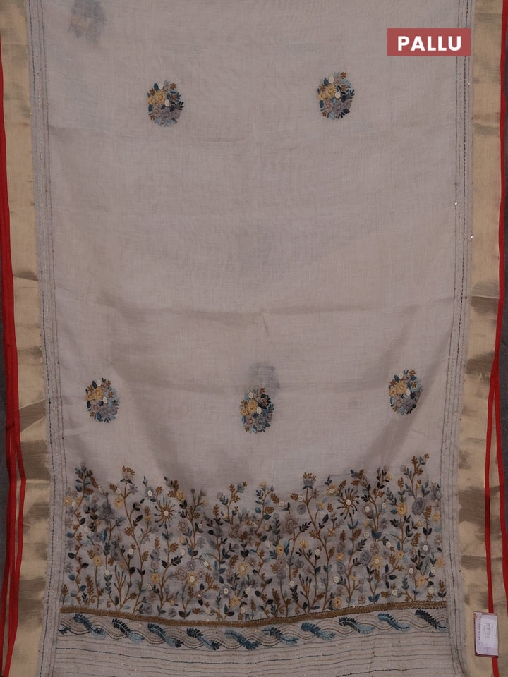 Linen cotton saree off white and peacock green with embroidery buttas and embroidery kantha stitch work pallu