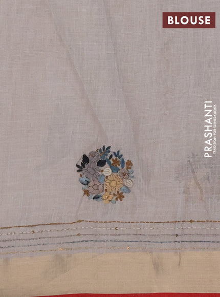 Linen cotton saree off white and peacock green with embroidery buttas and embroidery kantha stitch work pallu