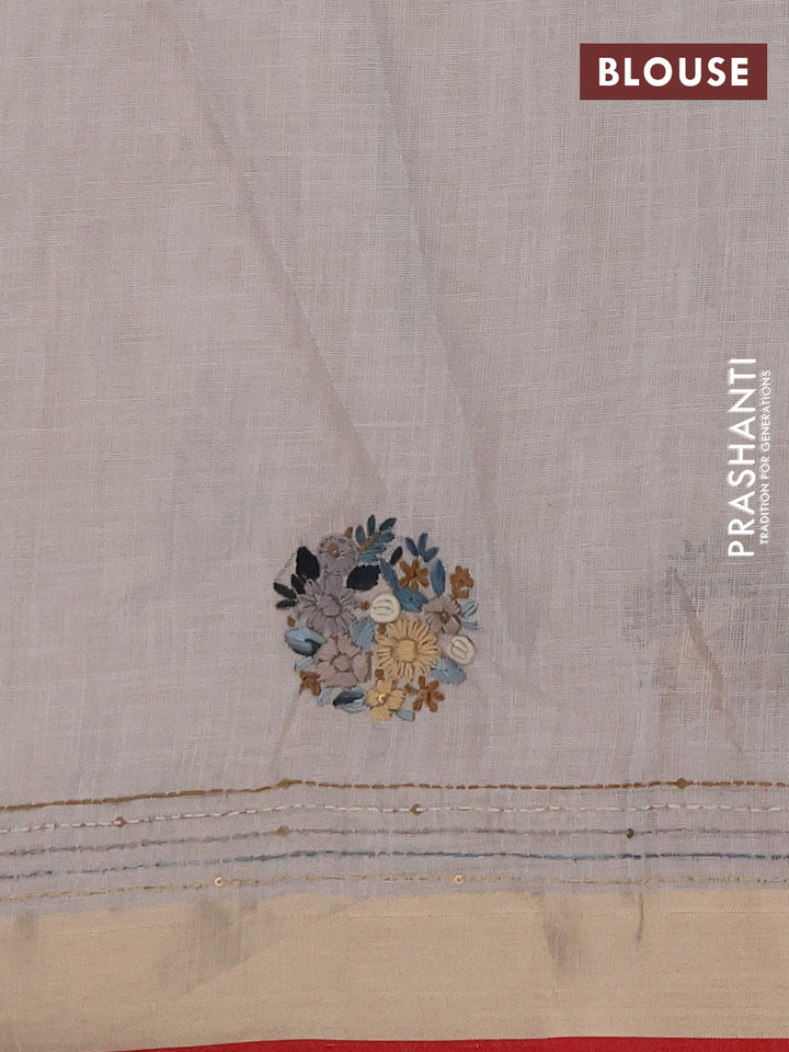 Linen cotton saree off white and peacock green with embroidery buttas and embroidery kantha stitch work pallu