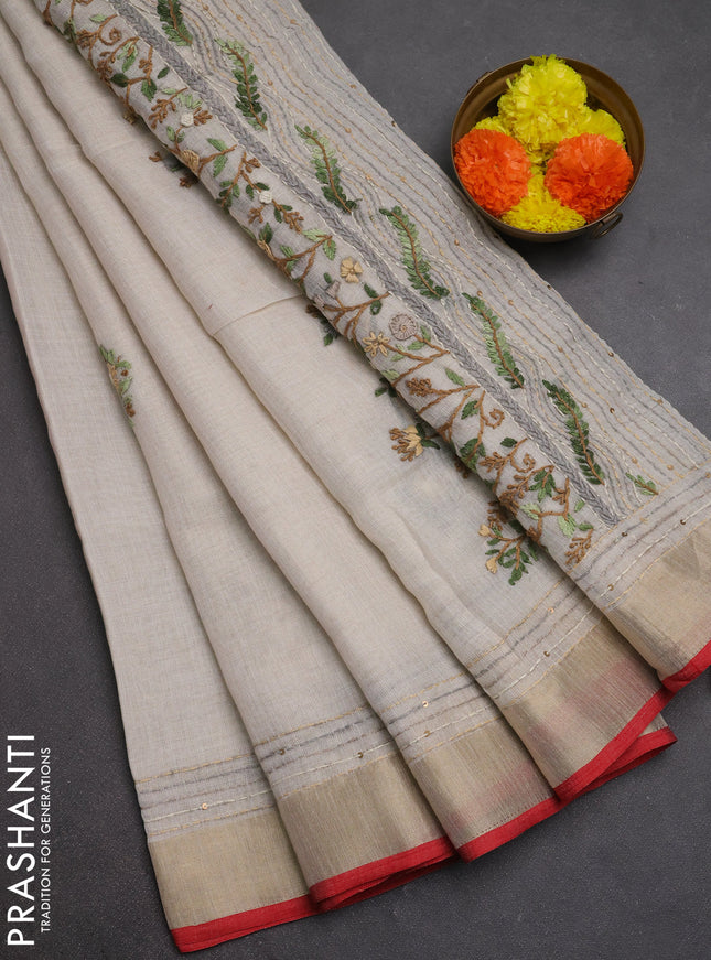 Linen cotton saree off white and green with embroidery buttas and embroidery kantha stitch work pallu