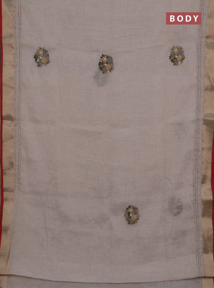 Linen cotton saree off white and green with embroidery buttas and embroidery kantha stitch work pallu