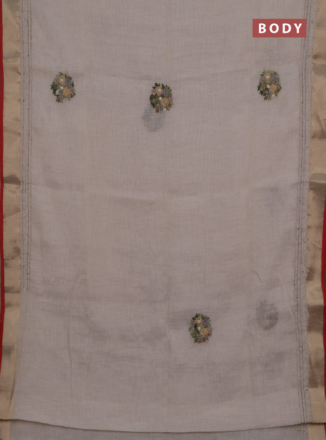 Linen cotton saree off white and green with embroidery buttas and embroidery kantha stitch work pallu