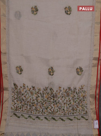 Linen cotton saree off white and green with embroidery buttas and embroidery kantha stitch work pallu