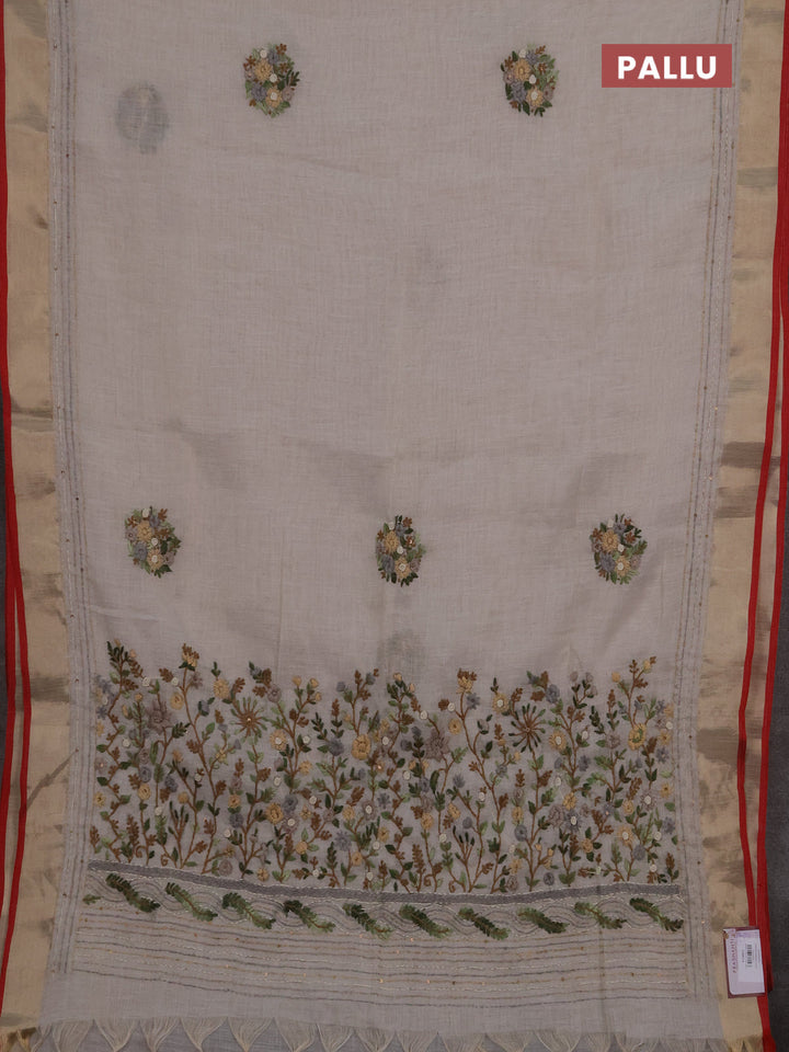 Linen cotton saree off white and green with embroidery buttas and embroidery kantha stitch work pallu