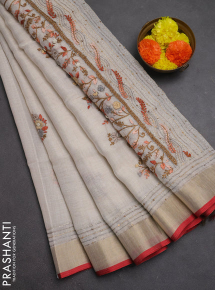 Linen cotton saree off white and dark mustard with embroidery buttas and embroidery kantha stitch work pallu