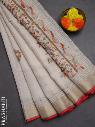 Linen cotton saree off white and dark mustard with embroidery buttas and embroidery kantha stitch work pallu