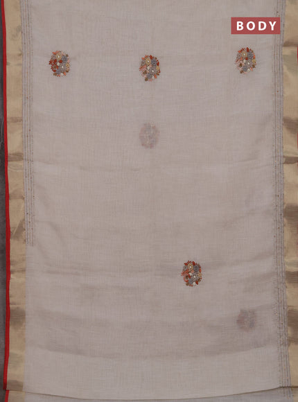 Linen cotton saree off white and dark mustard with embroidery buttas and embroidery kantha stitch work pallu