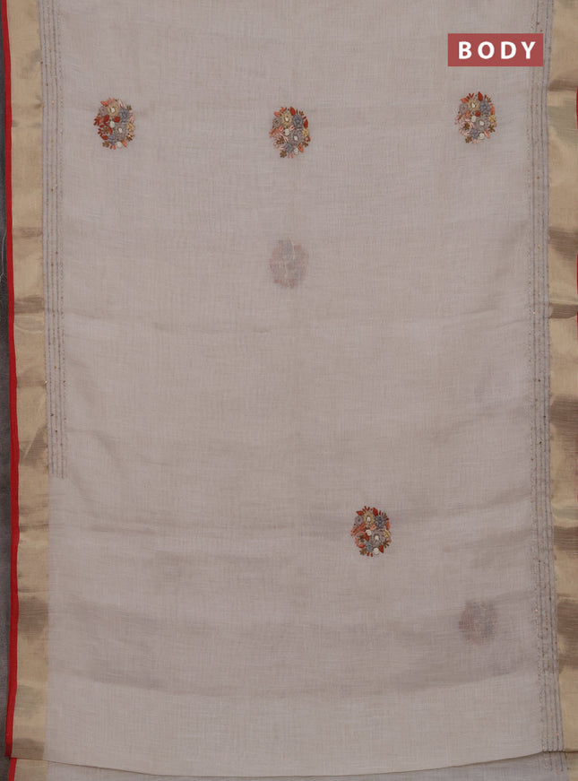 Linen cotton saree off white and dark mustard with embroidery buttas and embroidery kantha stitch work pallu