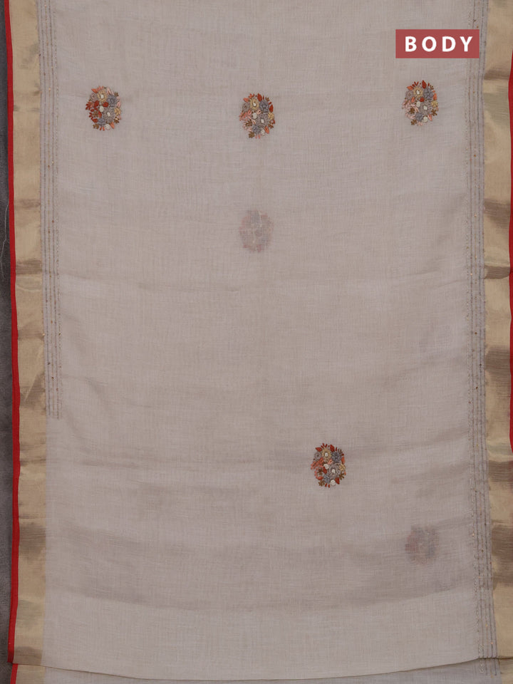 Linen cotton saree off white and dark mustard with embroidery buttas and embroidery kantha stitch work pallu
