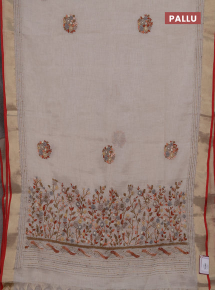 Linen cotton saree off white and dark mustard with embroidery buttas and embroidery kantha stitch work pallu