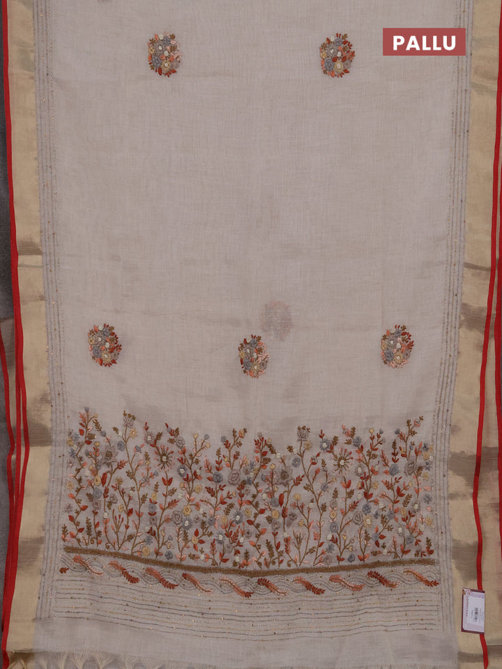 Linen cotton saree off white and dark mustard with embroidery buttas and embroidery kantha stitch work pallu