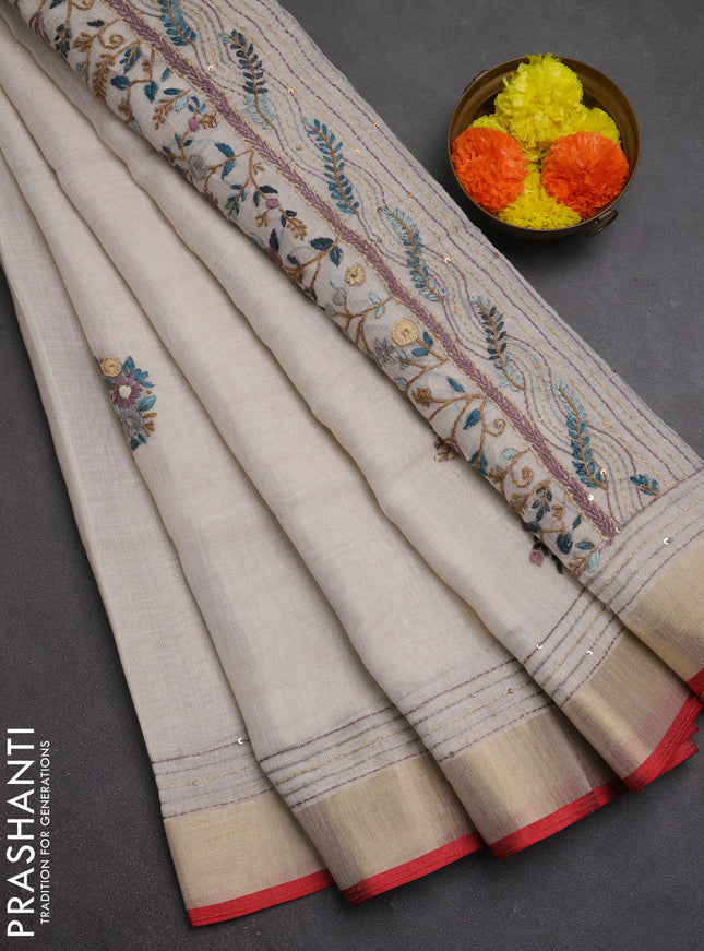 Linen cotton saree off white and purple with embroidery buttas and embroidery kantha stitch work pallu