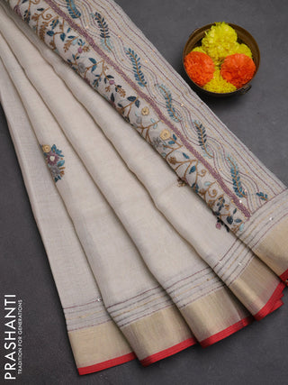 Linen cotton saree off white and purple with embroidery buttas and embroidery kantha stitch work pallu
