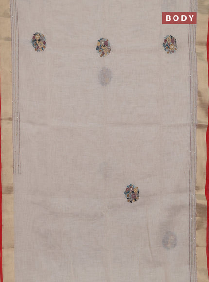 Linen cotton saree off white and purple with embroidery buttas and embroidery kantha stitch work pallu